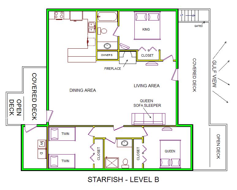 A level B layout view of Sand 'N Sea's beachfront house vacation rental in Galveston named Starfish 